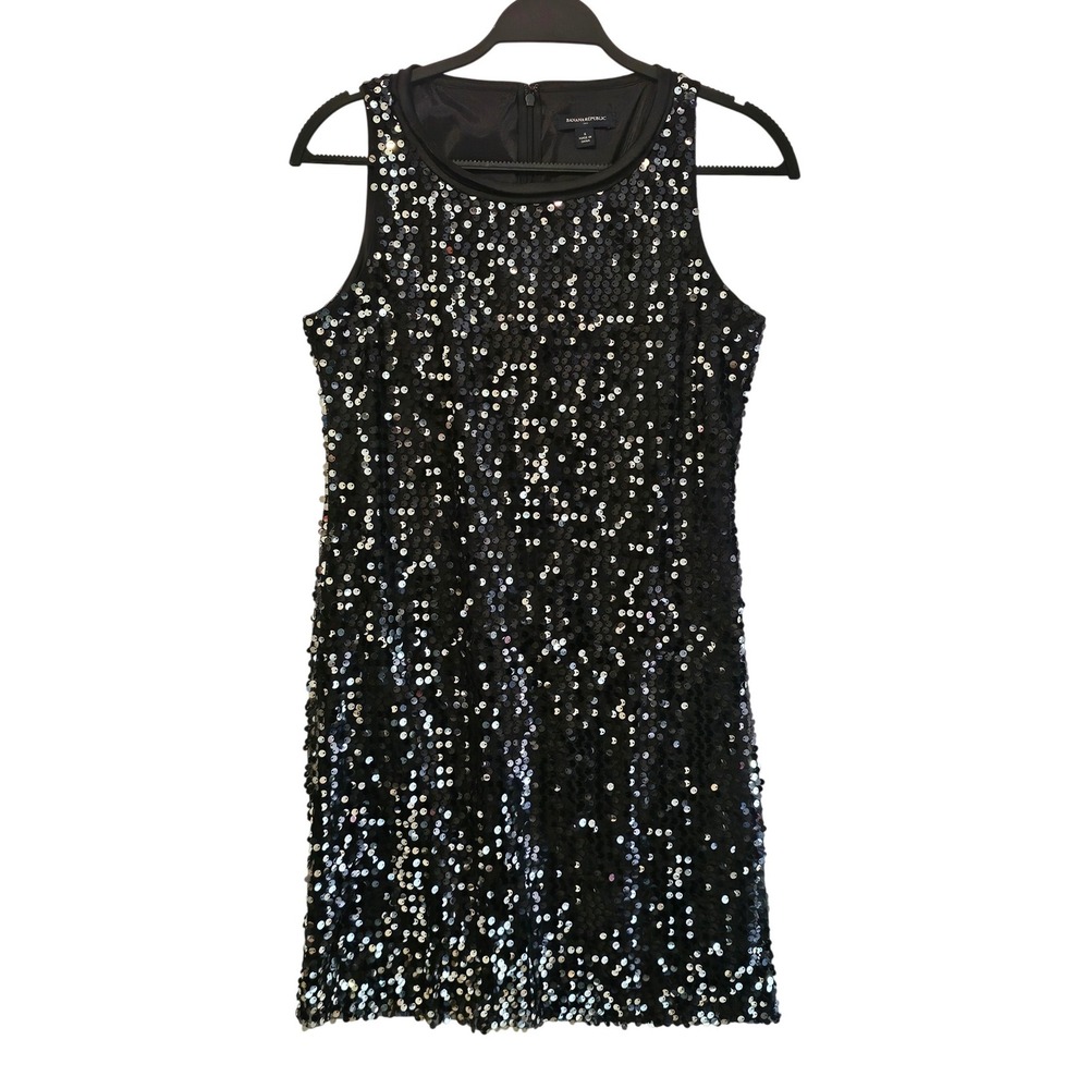 Banana Republic Womens Sequin Shift Dress Black Silver Sleeveless Size 4 Party